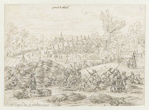 Vy över ett läger för armén av Willem III nära Grand-Hallet, Liège
