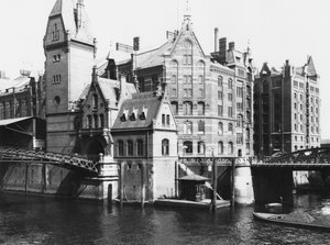 Vy över Speicherstadt (lagerstad) Hamburg, ca 1910