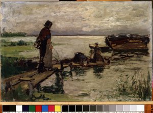 ""På stranden"" (Vid stranden) Holländska bondkvinnor vid vattnet. Målning av Josef Israels (1824-1911) Mikalojus Konstantinas Ciurlionis Fine Arts Museum, Kaunas, Litauen