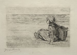 Flicka med korg sittande på stranden av Jozef Israëls