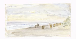 Strandvy med ryttare och strandstolar av Jozef Israëls