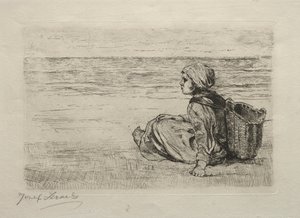 Flicka med korg sittande på stranden av Jozef Israëls