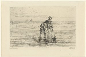 Barn som leker med en båt på stranden Enfants sur la plage (titel på objekt) av Jozef Israëls