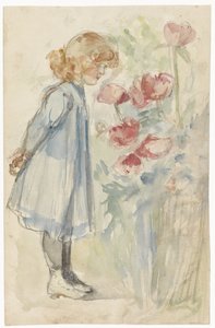 Stående flicka i blomsterträdgård