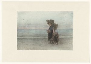 Kvinna med barn som går på stranden av Jozef Israëls