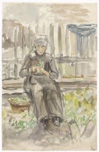 Flicka sitter i en trädgård av Jozef Israëls