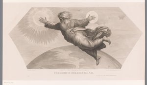 Gud skapar solen och månen Fecit duo luminaria magna. gen. I. Fredericae Belgii reginae (titel på objekt) Les loges de Raphaël (...) sujets de la bible (serietitel) Bibliska scener från Rafaels loger (serietitel) av Jozef Karel De Meulemeester