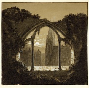 Gotisk katedral sedd genom ruinerna av ett slott ... (kolteckning)