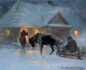 Vinterkväll framför ett hus på landet, 1921, av Jozef Ryszkiewicz