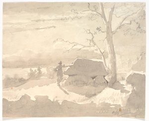 Landskap i månsken. En jägare bredvid en Dolmen av Jørgen Roed