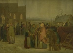 Bönder utanför kyrkan en julmorgon
