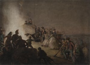 St. Hansakvällen. Bönder, som har tänt brasor på en jättehög, dansar runt elden