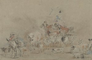 Migrerande flock med en herdinna på en mula av Jérôme François Chantereau