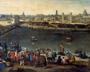 Utsikt över staden Zaragoza (Zaragoza) 1646 Detalj som representerar herrar och handlare längs floden. Målning av Juan Bautista del Mazo (1612-1667) 1646 Madrid, Pradomuseet