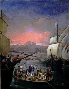 Från 1492 Palos karaveller Santa Maria, Pinta och Nina (olja på duk) av Juan Cabral Bejarano