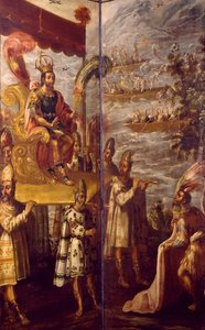 Montezuma, detalj från mötet mellan Cortes och Montezuma, skärm tillskriven Juan Correa (1645-1716), olja på duk, 250x600 cm av Juan Correa