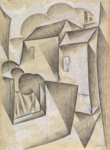 Hus i Paris, Place Ravignan, 1911 (svart krita och gouache på vitt papper) av Juan Gris