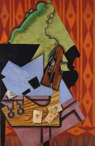 Fiol och spelkort på ett bord, 1913 av Juan Gris
