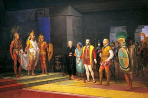Hernan Cortez möter Montezuma i Mexiko av Juan Ortega