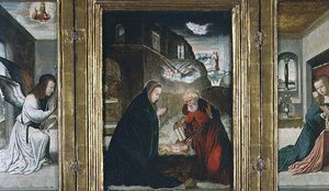 Triptyken Kristi födelse med födseln flankerad av bebådelsen (panel) (se även 82427) av Juan de (school of) Flandes