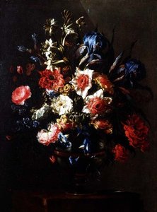 Iris, pioner, convolvuli och andra blommor i en urna på en piedestal av Juan de Arellano