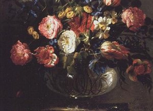 Rosor, tulpaner, hyacinter och jasmin i en glasvas