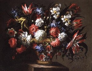 Stilleben av tulpaner, påskliljor och andra blommor i en korg