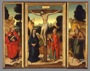 Korsfästelse med jungfrun och de heliga Johannes evangelisten, Petrus och Paulus, ca 1520-1540