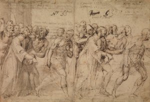 Studie för Saint Stephen Being Led to His Martyrdom, 1566 (penna & brunt bläck, grått tvätt och (senare?) spår av röd krita på papper) (recto) av Juan de Juanes Juan de Juanes