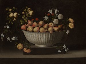 Blommor och frukt i en kinesisk skål