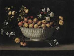 Blommor och frukt i en Kinaskål, ca. 1645.