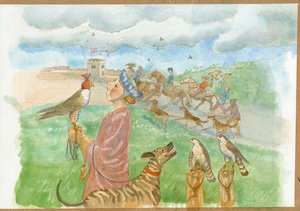 En tidigmedeltida jaktscen (akvarell på papper) av Judith Dobie
