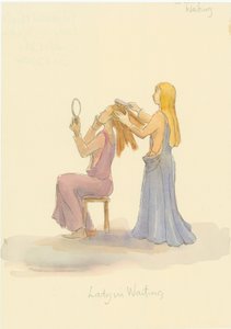 En medeltida dam i väntan, borstar håret på en dam, 2004. av Judith Dobie