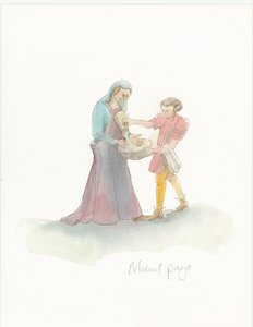 En medeltida sida som hjälper en kvinna att tvätta händerna, 2004. av Judith Dobie