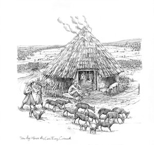 Bönder och en flock getter utanför Iron Age Roundhouse, c1990-2010 av Judith Dobie