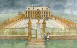 Bankettsalen och förgården i Cholmley Mansion på Whitby Abbey år 1700 (akvarell på papper) av Judith Dobie