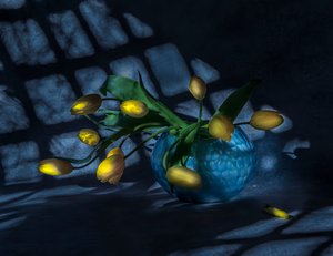 Lysande tulpaner i blå vas av Judy Tseng