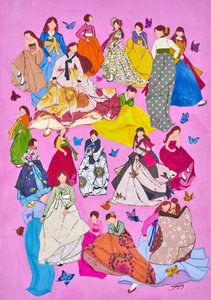 Färgsprakande kvinnor i hanbok av Jukyong Park