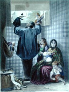 Bakom kulisserna vid en marionettföreställning av "La Comedie du Chat", ca 1840 (färggravyr)