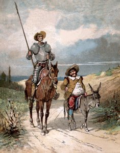 Don Quijote och Sancho Panza, illustration av bok av Miguel de Cervantes "Don Quijotes historia", gravyr efter Jules David