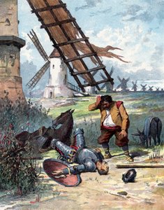 Don Quijote har kämpat med väderkvarnar och fallit från sin häst, Sancho Panza tittar på sin mästare, illustration av boken av Miguel de Cervantes "Histoire de Don Quichotte", gravyr efter Jules David