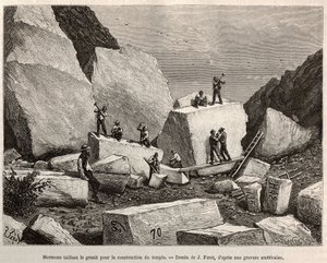 Mormonsnideri granit för tempelkonstruktion. Gravyr efter J.Ferats teckning, för att illustrera historien La conquete blanche, av William Hepworth Dixon, 1875, publicerad i "" Le tour du monde""" 1876, redigerad av Edouard Charton, Hachette-upplagan, Paris av Jules (after) Ferat