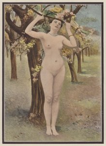 Vår, kvinna med trädblomning (färg litho)