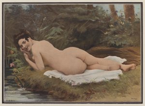 Kvinna efter hennes bad (färg litho)