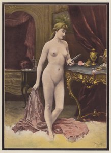 Kvinna med en spegel (färg litho)