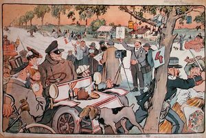 Karikatyr av M. Fournier som ger sig av på Paris-Berlin-rallyt av Jules Abel Faivre