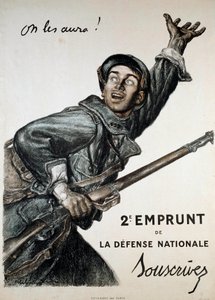 Första världskriget (1914-1918): affisch av Abel Faivre (1867-1945) för det nationella lånet. En soldat uppmanar allmänheten att prenumerera på det "Vi ska få dem!" - 2:a Loan de la Defense Nationale - Prenumerera" av Jules Abel Faivre