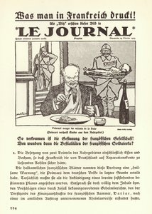 Tysk propaganda som skildrar förstasidan på en fransk tidning med en tecknad serie som visar premiärminister Raymond Poincare äta upp barnen i Ruhr under den franska ockupationen av regionen