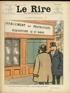 Illustration av Abel Faivre (1867-1945) för omslaget till Le Rire, 21/03/08 - Hyreskontraktet - Arkitektur Stadsplanering, Bröllop, Adultere, Butiker av Jules Abel Faivre
