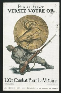 Vykort, Satirique en Colours, cirka 1915: För Frankrike, häll ditt guld - War of 14 -18, Tyskland Preussen, Silver, Beligerants and symbols, Victory, Borrowing, Travel patriotic - Rooster - Illustration by Abel Faivre (1867-1945) av Jules Abel Faivre